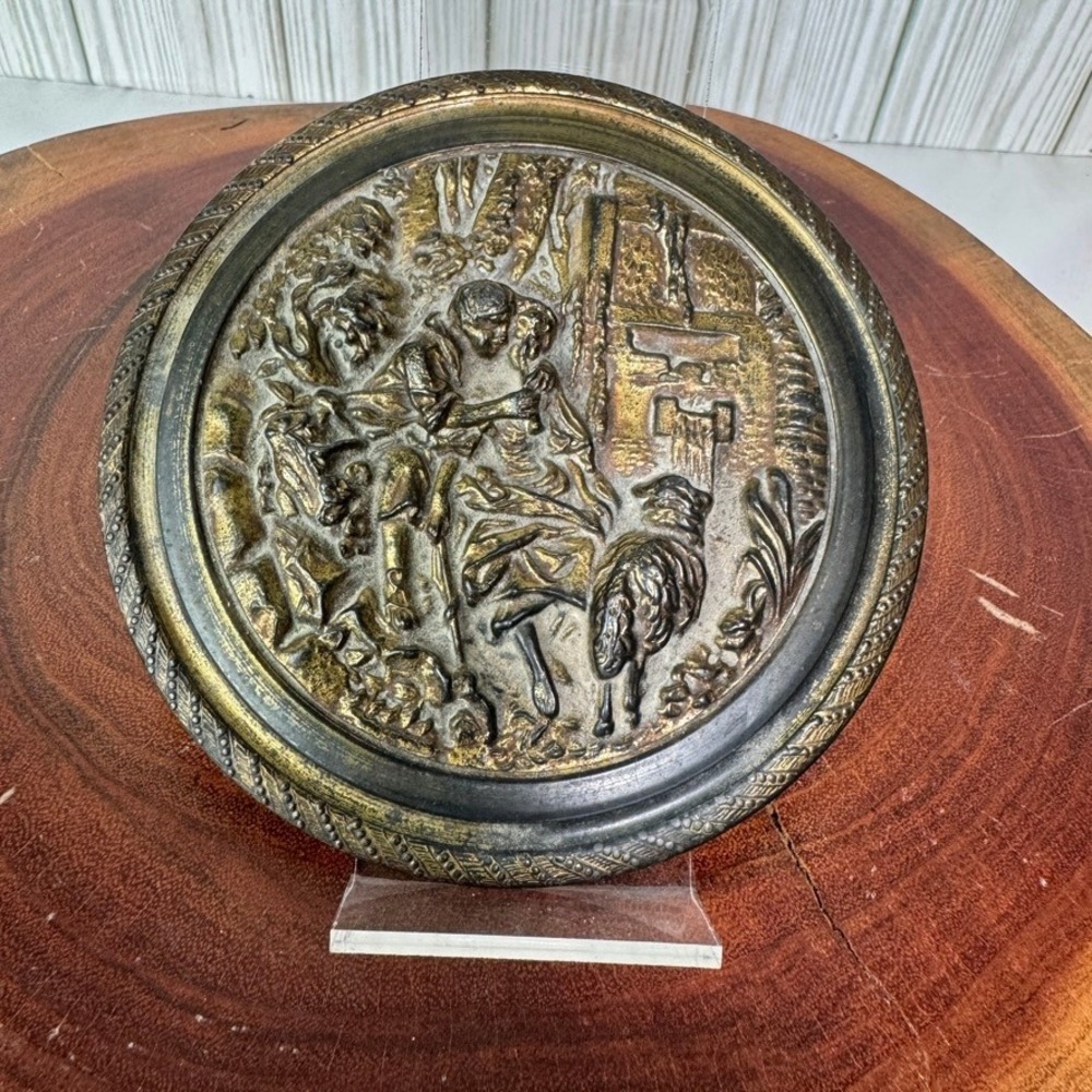 PNCW Embossed Brass Pastoral Scene Plaque Mirror Romantic Couple Sheep Relief